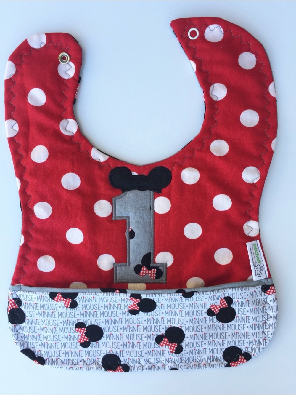 Red Polka Dot Baby’s First Birthday Bib with Minnie Character and Number 1